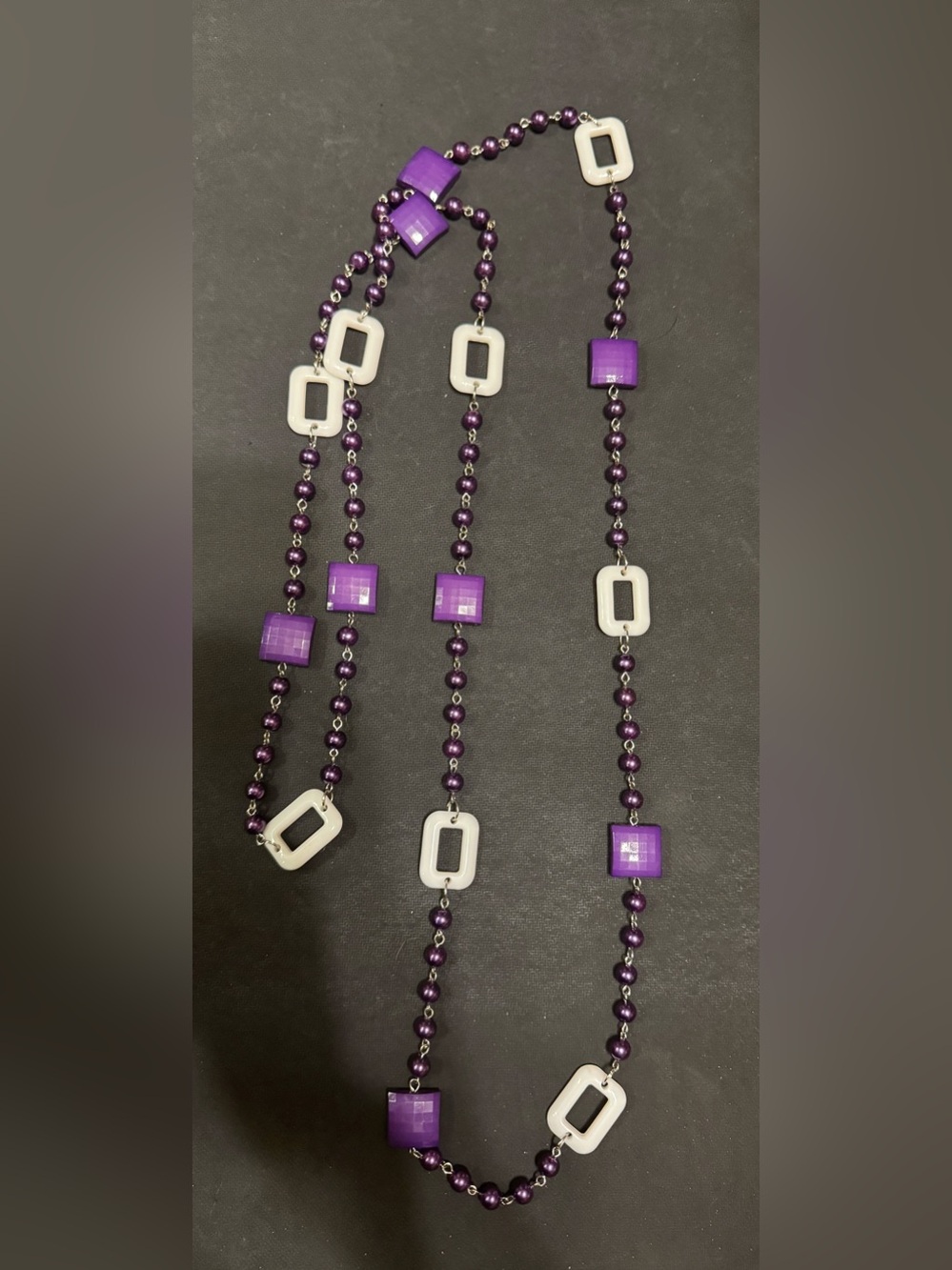 Vintage Long Beaded Purple & White Costume Jewelry Necklace